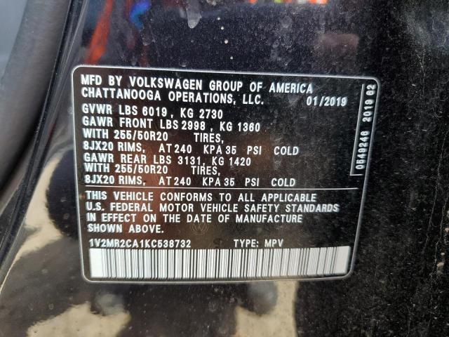 1V2MR2CA1KC538732 - 2019 VOLKSWAGEN ATLAS SEL Noir photo 13