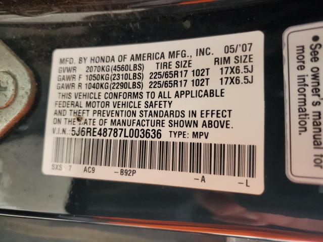 5J6RE48787L003636 - 2007 HONDA CR-V EXL BLACK photo 13