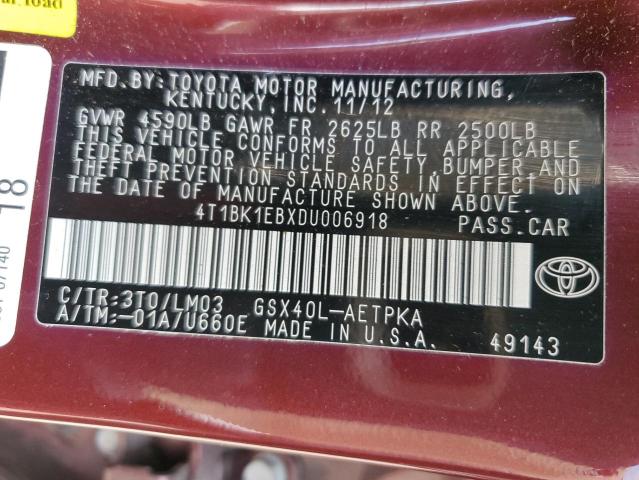 4T1BK1EBXDU006918 - 2013 TOYOTA AVALON BASE Tünd qırmızı foto 12