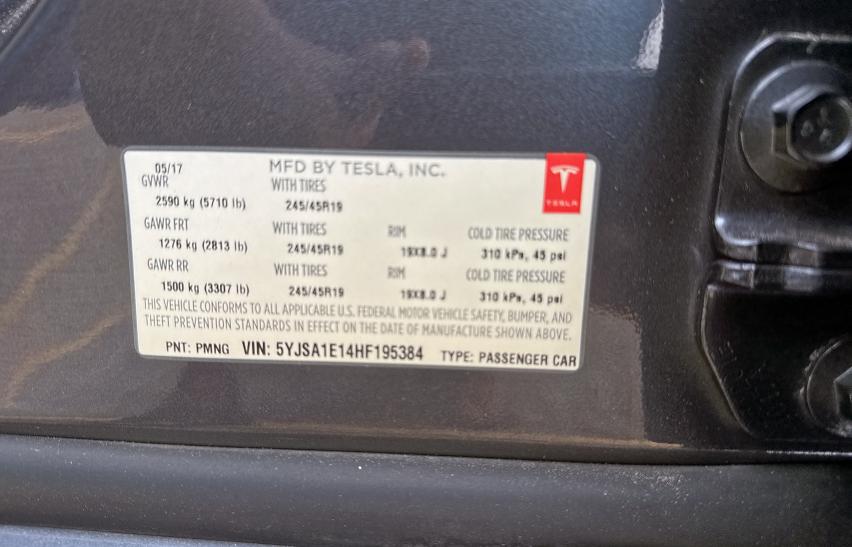 5YJSA1E14HF195384 - 2017 TESLA MODEL S GRAY photo 10