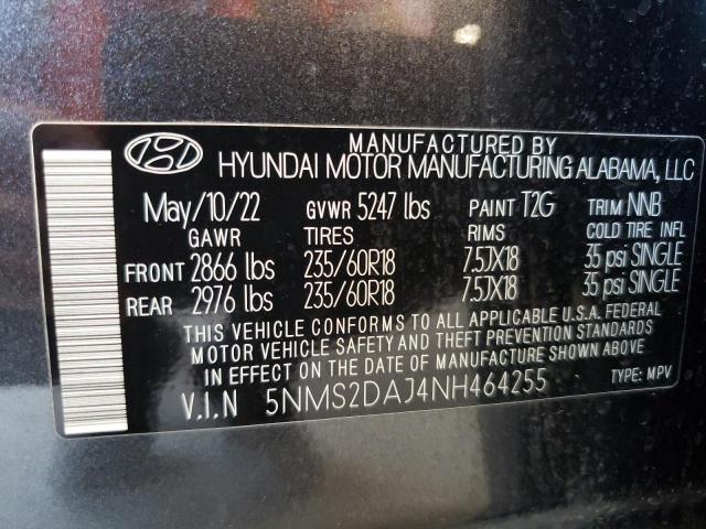 5NMS2DAJ4NH464255 - 2022 HYUNDAI SANTA FE SEL BLACK photo 12