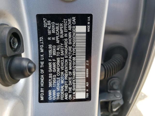 SHHFK7H48HU219188 - 2017 HONDA CIVIC SPORT 银色 照片 12