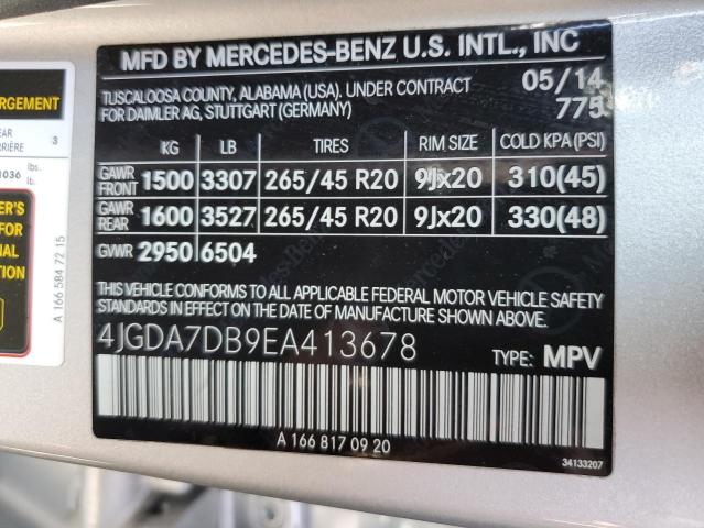 4JGDA7DB9EA413678 - 2014 MERCEDES-BENZ ML 550 4MATIC SILVER photo 13