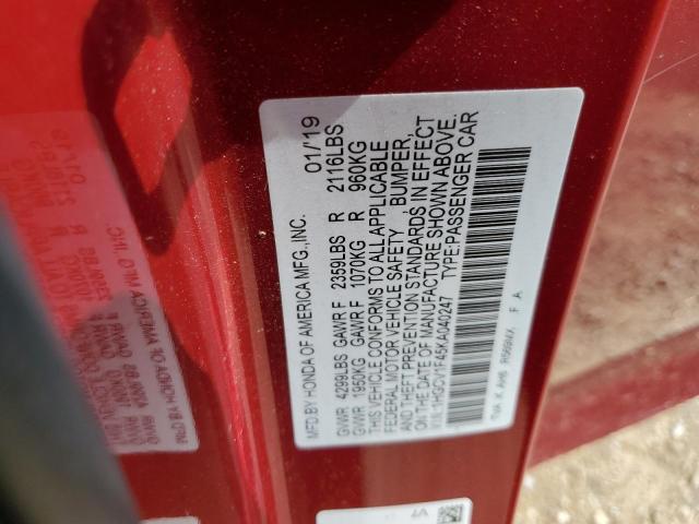 1HGCV1F45KA040247 - 2019 HONDA ACCORD EX RED photo 12