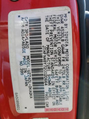 JTHFN48Y720020664 - 2002 LEXUS SC 430 RED photo 12