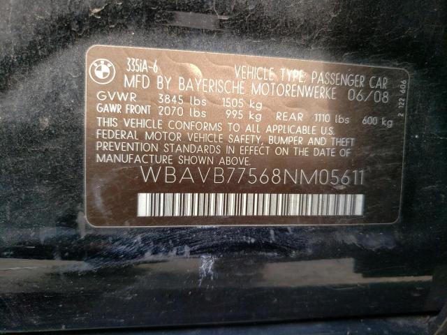 WBAVB77568NM05611 - 2008 BMW 335 I BLACK photo 12