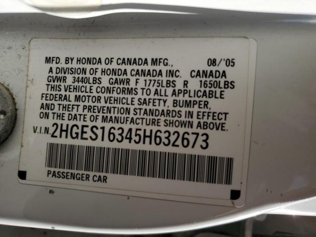 2HGES16345H632673 - 2005 HONDA CIVIC DX VP თეთრი ფოტო 12