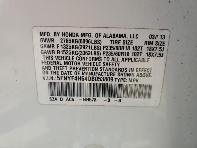 5FNYF4H64DB053809 - 2013 HONDA PILOT EXL თეთრი ფოტო 13
