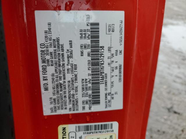 1FA6P8TH7K5129158 - 2019 FORD MUSTANG წითელი ფოტო 12