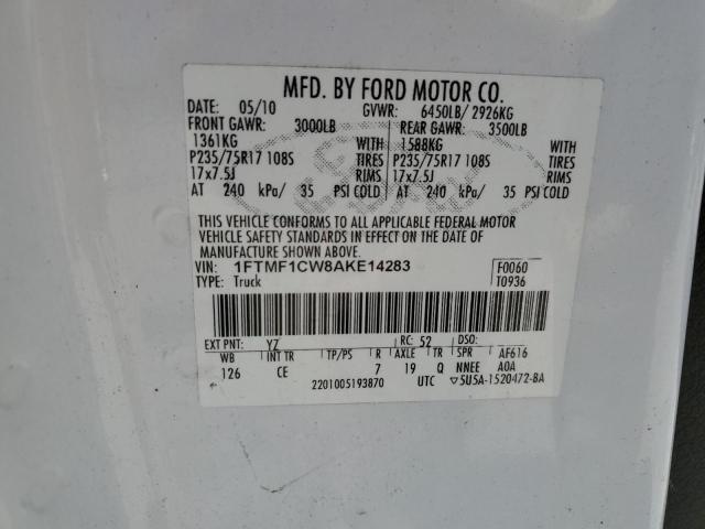 1FTMF1CW8AKE14283 - 2010 FORD F150 WHITE photo 12