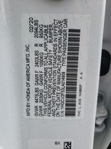 1HGCV2F53LA014908 - 2020 HONDA ACCORD EXL WHITE photo 12