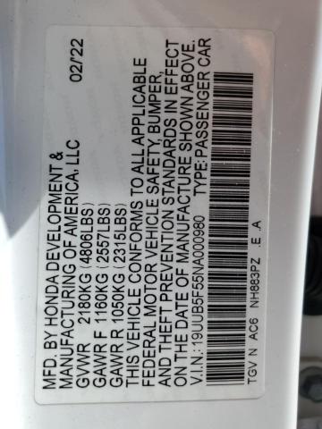 19UUB5F55NA000980 - 2022 ACURA TLX TECH A WHITE photo 12