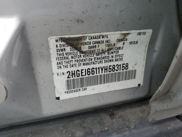2HGEJ6611YH583158 - 2000 HONDA CIVIC BASE SILVER photo 12