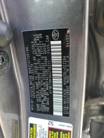4T1B11HKXKU776211 - 2019 TOYOTA CAMRY L GRAY photo 13