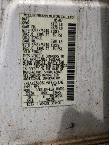5N1AR18B98C603508 - 2008 NISSAN PATHFINDER S WHITE photo 13