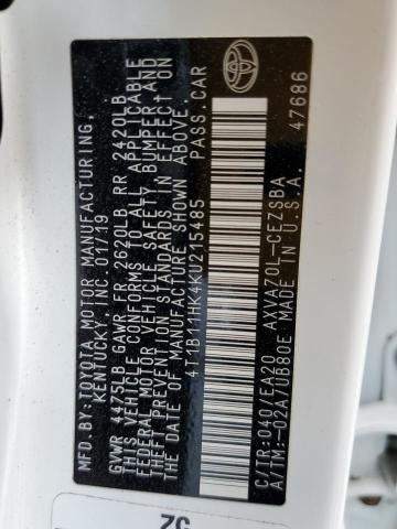 4T1B11HK4KU215485 - 2019 TOYOTA CAMRY L WHITE photo 13