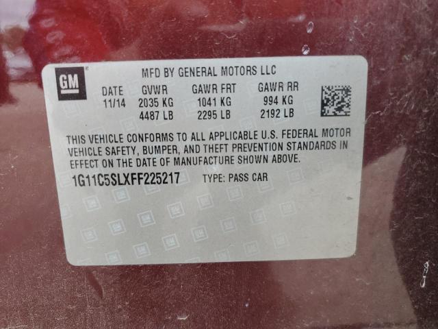 1G11C5SLXFF225217 - 2015 CHEVROLET MALIBU 1LT 红色 照片 12