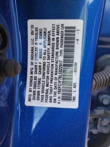 19XFC1F78LE022917 - 2020 HONDA CIVIC EXL ლურჯი ფოტო 12