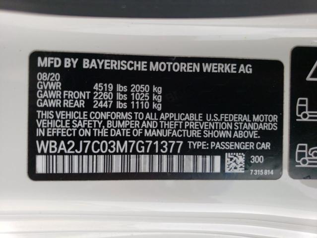 WBA2J7C03M7G71377 - 2021 BMW M240XI WHITE photo 12