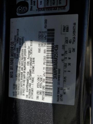 3FAHP0JA0AR251436 - 2010 FORD FUSION SEL GRAY photo 12