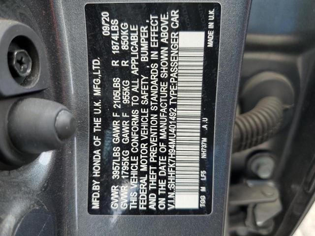 SHHFK7H94MU401492 - 2021 HONDA CIVIC SPORT TOURING GRAY photo 12