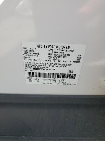 1FM5K7F85KGB16774 - 2019 FORD EXPLORER LIMITED WHITE photo 13