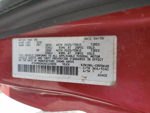 4TASM92N1WZ123686 - 1998 TOYOTA TACOMA XTRACAB PRERUNNER ბურგუნდია ფოტო 12