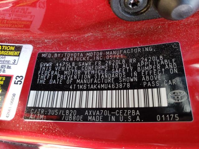 4T1K61AK4MU463878 - 2021 TOYOTA CAMRY XSE RED photo 12