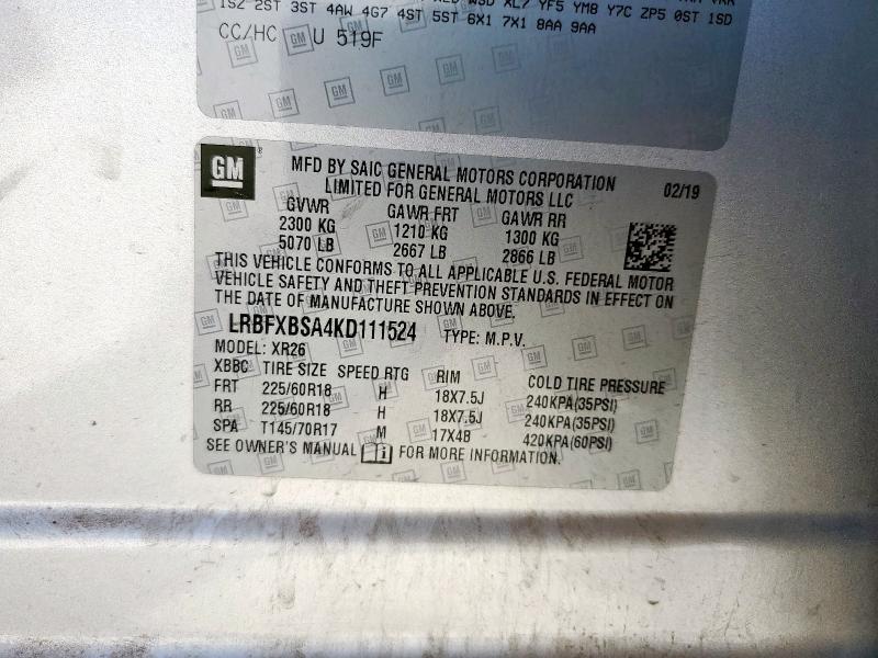 LRBFXBSA4KD111524 - 2019 BUICK ENVISION PREFERRED 银色 照片 13