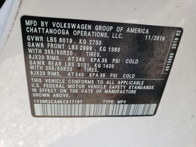 1V2NR2CA6KC517167 - 2019 VOLKSWAGEN ATLAS SEL PREMIUM WHITE photo 12