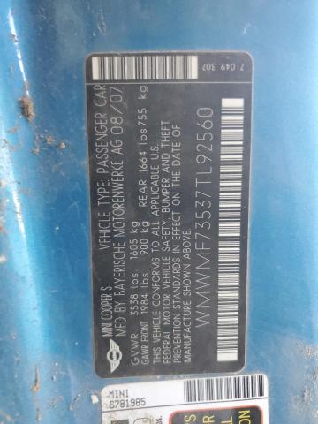 WMWMF73537TL92560 - 2007 MINI COOPER S ლურჯი ფოტო 12