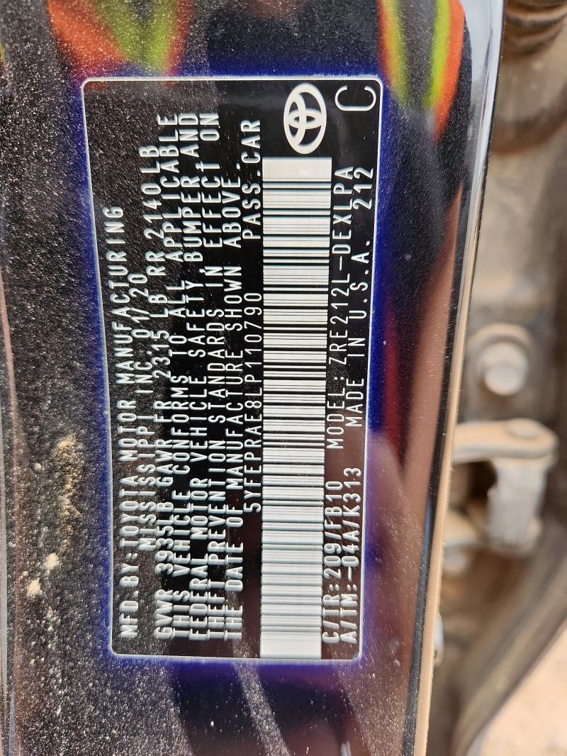 5YFEPRAE8LP110790 - 2020 TOYOTA COROLLA LE BLACK photo 12