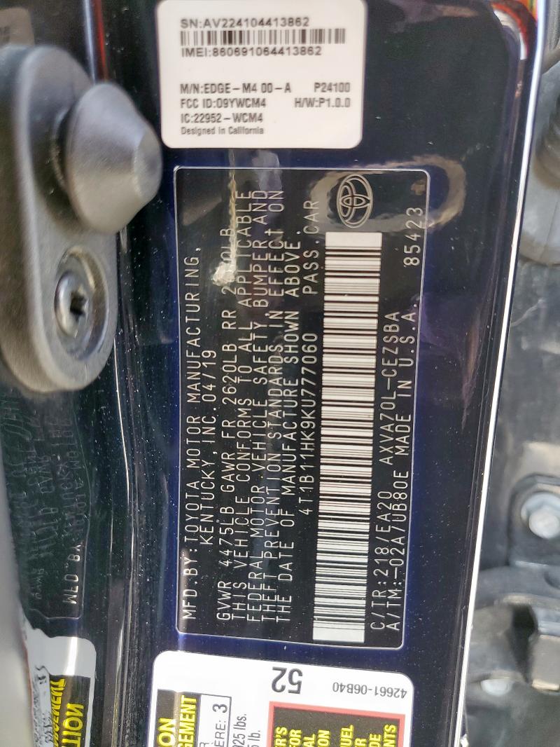 4T1B11HK9KU777060 - 2019 TOYOTA CAMRY L 黑色 照片 12