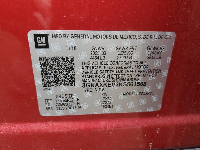 3GNAXKEV3KS561568 - 2019 CHEVROLET EQUINOX LT RED photo 13