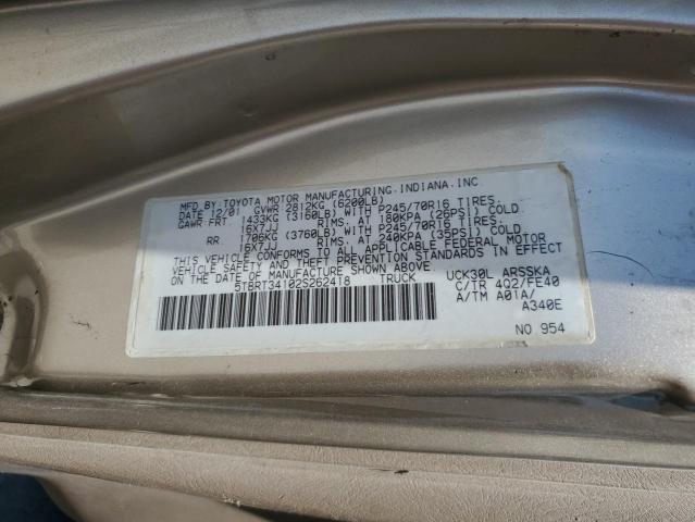 5TBRT34102S262418 - 2002 TOYOTA TUNDRA ACCESS CAB GOLD photo 13