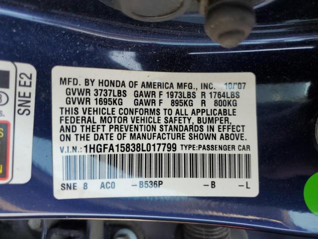 1HGFA15838L017799 - 2008 HONDA CIVIC EX BLUE photo 12