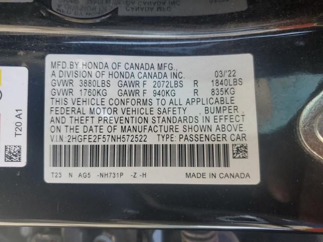 2HGFE2F57NH572522 - 2022 HONDA CIVIC SPORT BLACK photo 13
