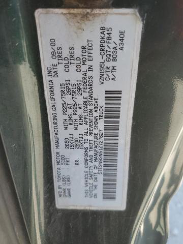 5TESN92N51Z727627 - 2001 TOYOTA TACOMA XTRACAB PRERUNNER მწვანე ფოტო 12