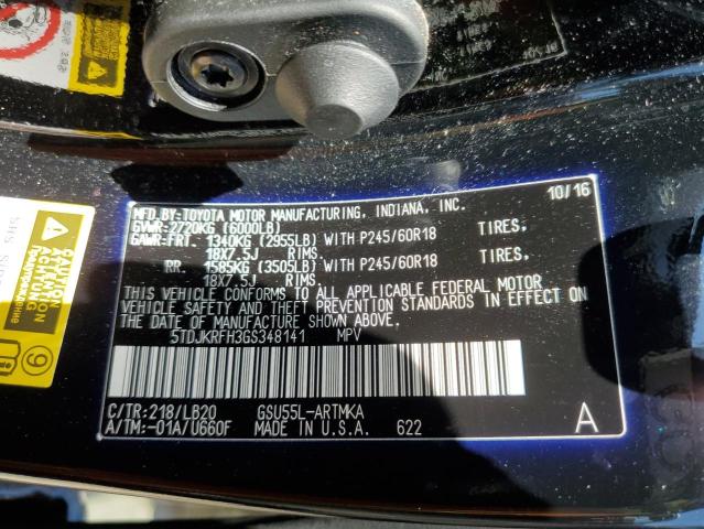 5TDJKRFH3GS348141 - 2016 TOYOTA HIGHLANDER XLE BLACK photo 13