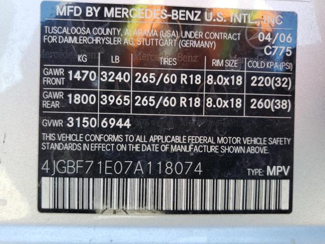 4JGBF71E07A118074 - 2007 MERCEDES-BENZ GL 450 4MATIC SILVER photo 13