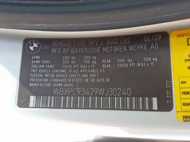 WBXPC93429WJ30240 - 2009 BMW X3 XDRIVE30I  photo 10