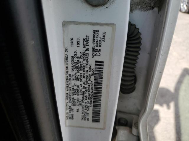 5TEGN92N24Z398587 - 2004 TOYOTA TACOMA DOUBLE CAB PRERUNNER WHITE photo 12