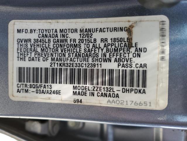 2T1KR32E33C123911 - 2003 TOYOTA COROLLA MA XR BLUE photo 12