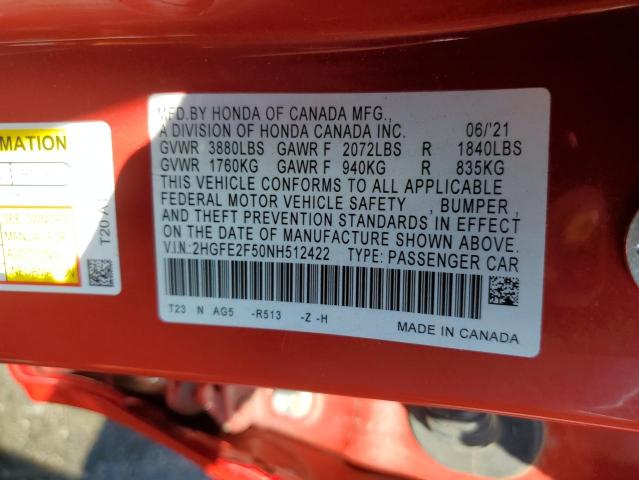 2HGFE2F50NH512422 - 2022 HONDA CIVIC SPORT 红色 照片 13
