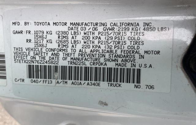 5TETX22N76Z245822 - 2006 TOYOTA TACOMA ACCESS CAB WHITE photo 10