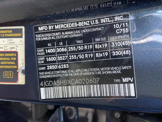 4JGDA5HBXCA020607 - 2012 MERCEDES-BENZ ML 350 4MATIC GRAY photo 10