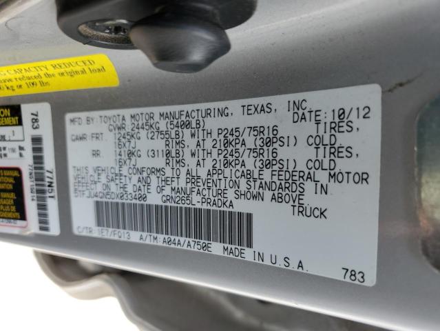 5TFJU4GN5DX033400 - 2013 TOYOTA TACOMA DOUBLE CAB PRERUNNER SILVER photo 12