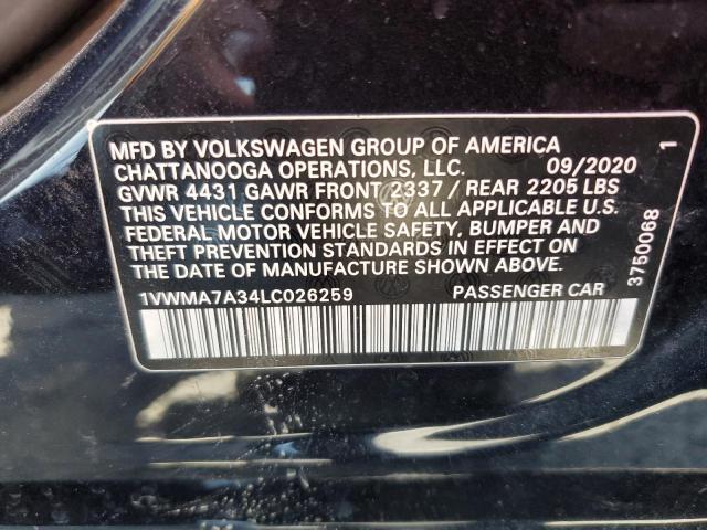 1VWMA7A34LC026259 - 2020 VOLKSWAGEN PASSAT R-LINE Սև լուսանկար 12