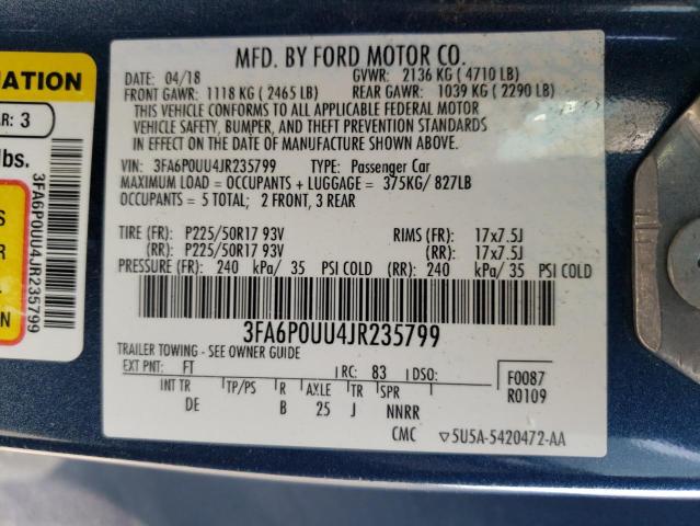 3FA6P0UU4JR235799 - 2018 FORD FUSION S HYBRID BLUE photo 12