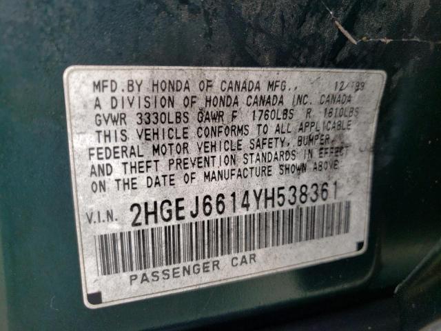 2HGEJ6614YH538361 - 2000 HONDA CIVIC BASE 绿色 照片 13